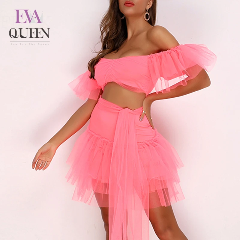 Женский комплект из 2 предметов EvaQueen розовый кружевной сетчатый с оборками и