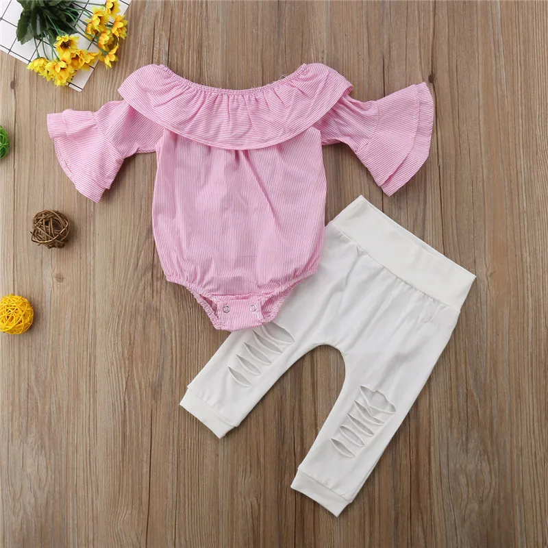 

Newborn Baby Girl Clothes Sets Pink Off Shoulder Ruffles Romper Top White Ripped Pants 2pcs Outfits Summer Clothing for 0-18M