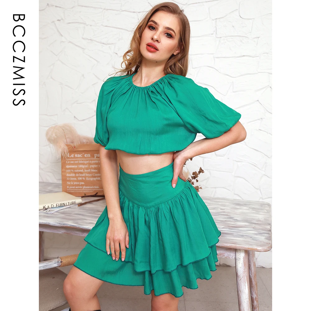 

WOMEN TOP Sexy Open Back Round Neck Green Big Short Sleeve Top 83286-1T