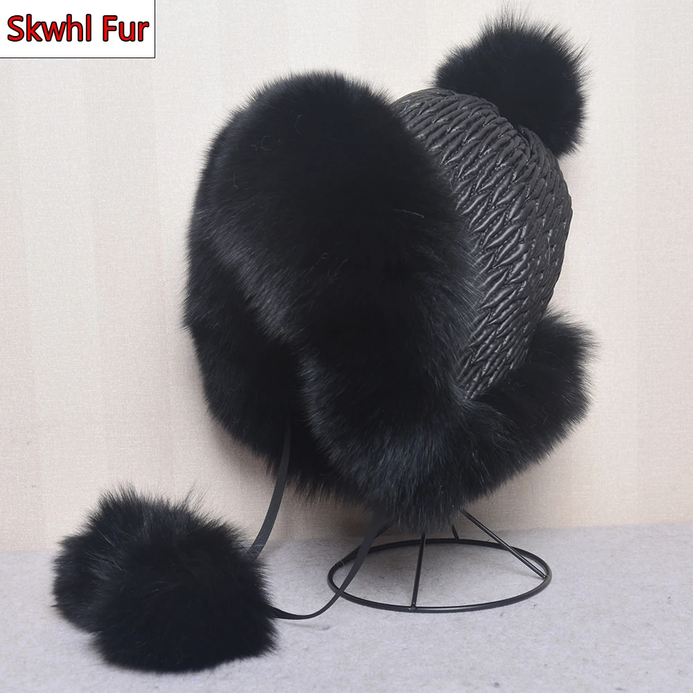 

Winter Women's Bomber Hat with Pompom Ponytail Real Fox Fur Earflap Hats Warm Soft Russian Ushanka Thicken Trapper Snow Ski Cap