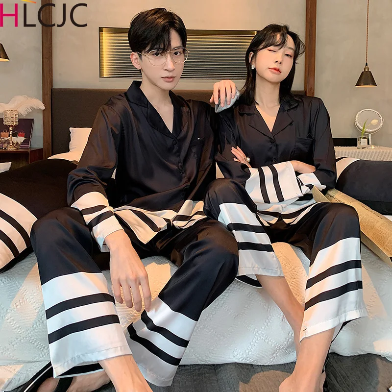 

Unisex Adult Couple Pajamas Summer Long-sleeved 2 Pieces Ice Silk Female Cartoon Pajamas Set Long Sleeve Men Home Service Suit