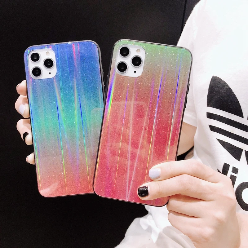 For iPhone 6 6s 7 8 Plus 10 X XS XR 11 Pro Max Glitter Gradient Sparkle Sequins Laser Holographic Hard Tempered Glass Case Cover | Мобильные