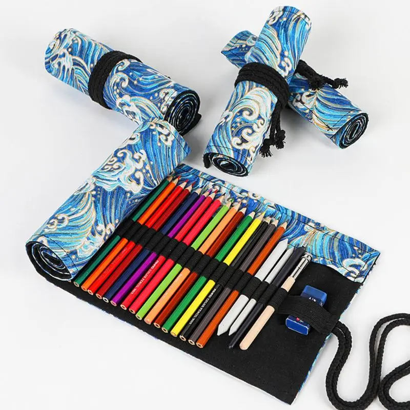 12/24/36/48 Holes Canvas Roll Up Pencil Bag Pen Curtain Case Makeup Wrap Holder Storage Pouch School Supplies
