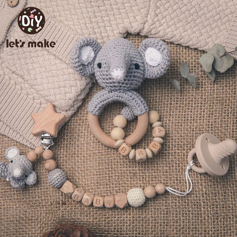 

Let's Make 1set Wooden Teether Rattle Crochet Elephant Animal Diy Pacifier Chain Customized Name Baby Teether Toys Newborn Gift