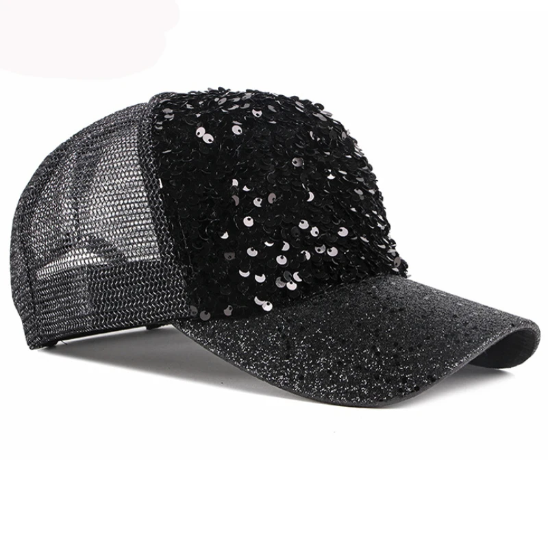 HT3153 Baseball Cap Women Sequin Baseball Hat Ladies Adjustable Snapback Trucker Mesh Cap Female Breathable Shiny Summer Sun Hat