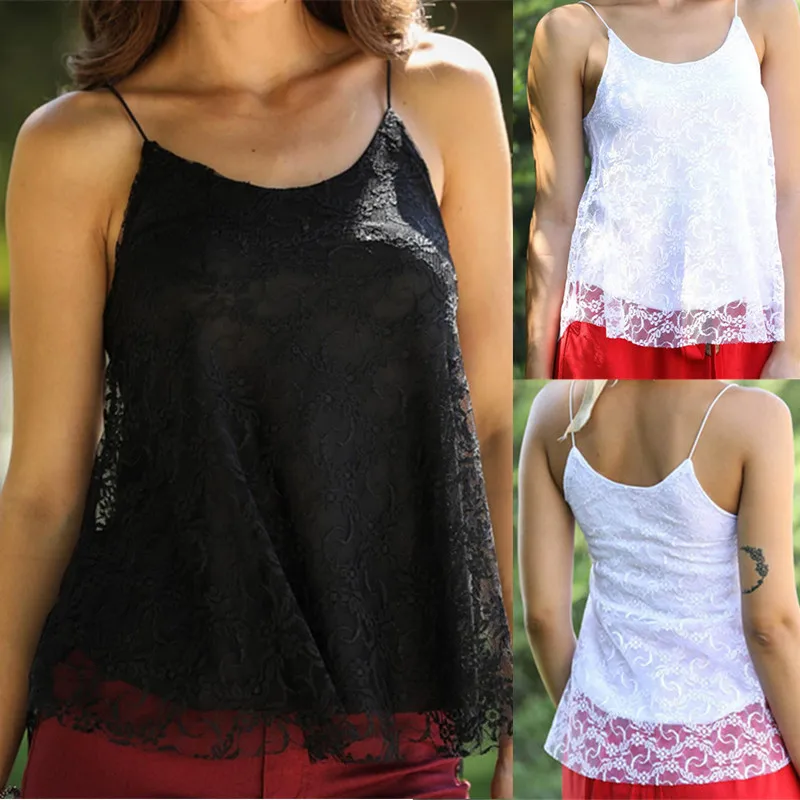 

Summer Elegant Sexy Vest Solid Color Straps Sleeveless Lace Double Layer Crew Neck