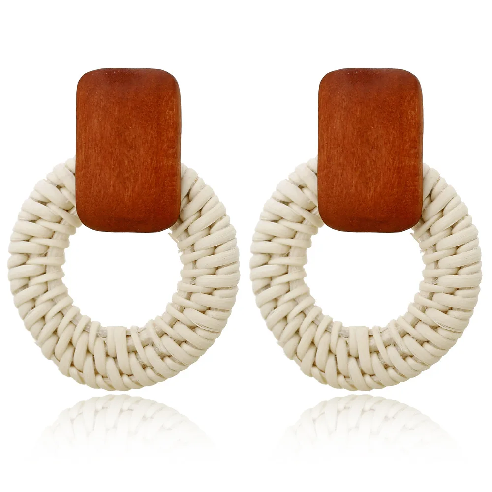 Модные Тканые деревянные серьги ручной работы из ротанга геометрические круглые