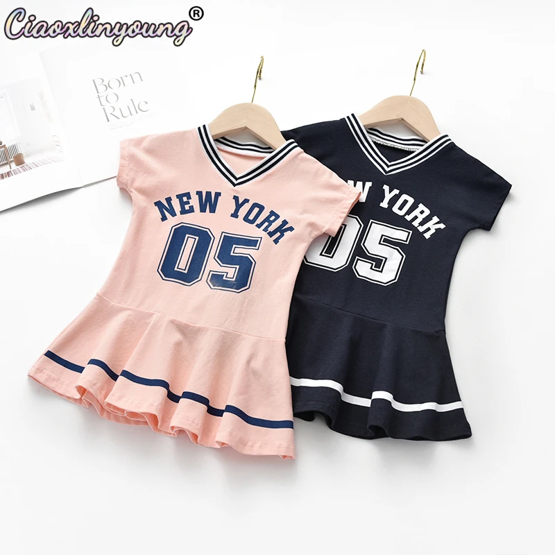 

Ciaoxlinyoung New Summer Number Girls Stripe Short Sleeved Pleated Skirt Dress Jersey Style College Style V-neck Cotton