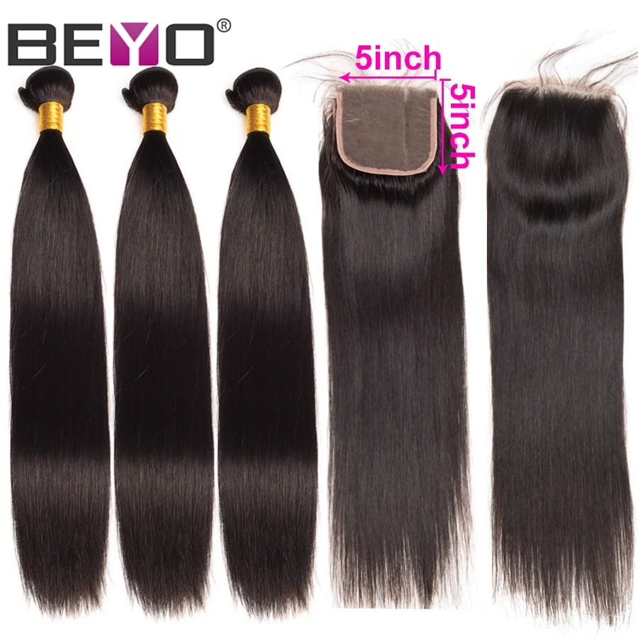Перуанские прямые волосы пучки с закрытием 3 человеческие 5x5 Кружева Закрытие