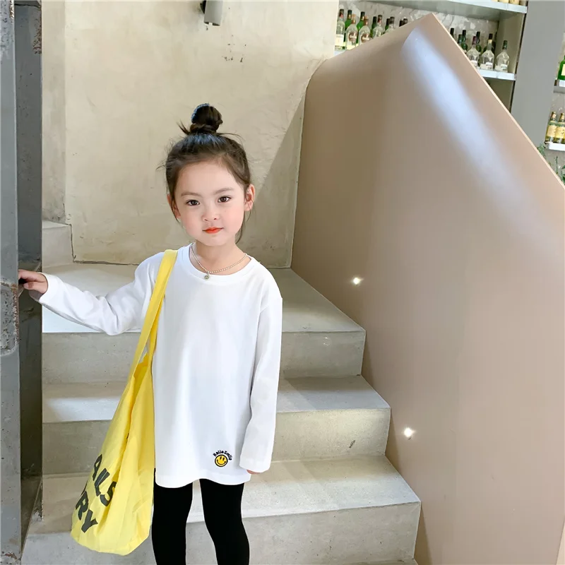 Camisetas de estilo largo con bordado de sonrisa para ni&ntilde;as, camisas de manga larga para ni&ntilde;os, Tops b&aacute;sicos de algod&oacute;n holgados para oto&ntilde;o, 2021-0
