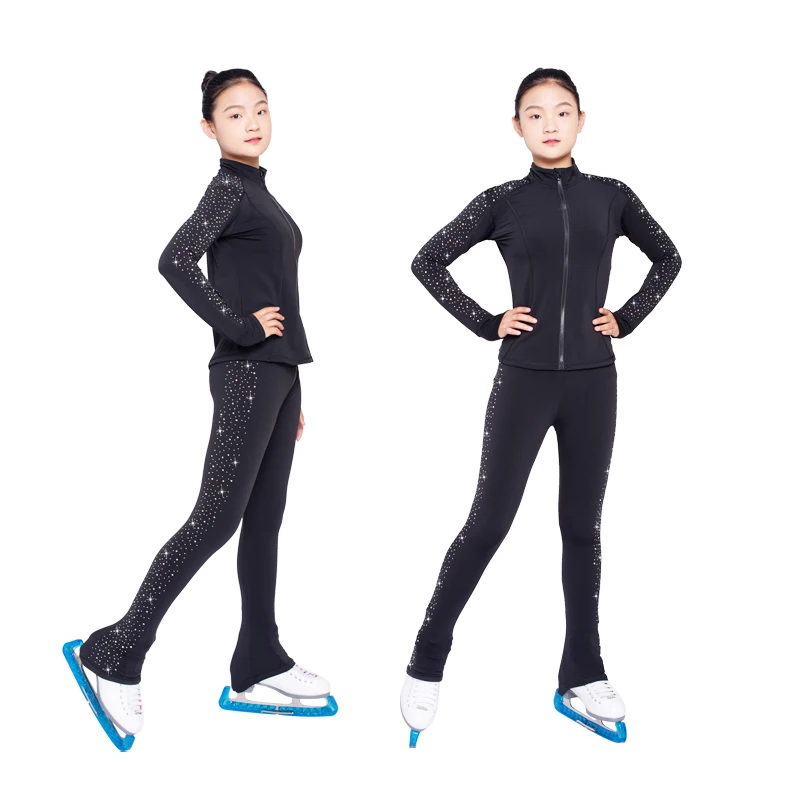 New Ice Figure Skating Jacket Pants Women Girl Trousers Top Black Teens Children Kids Colored Blue Rhinestones Training