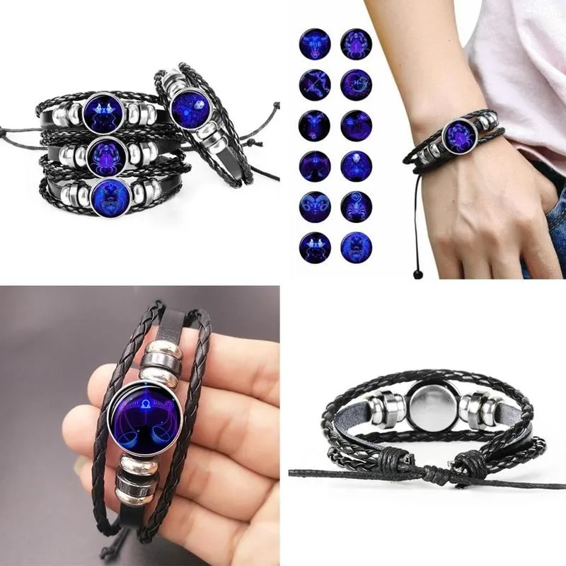 12 Созвездие браслет Знак зодиака Кожаный Браслет Близнецы Рак Лев стекло