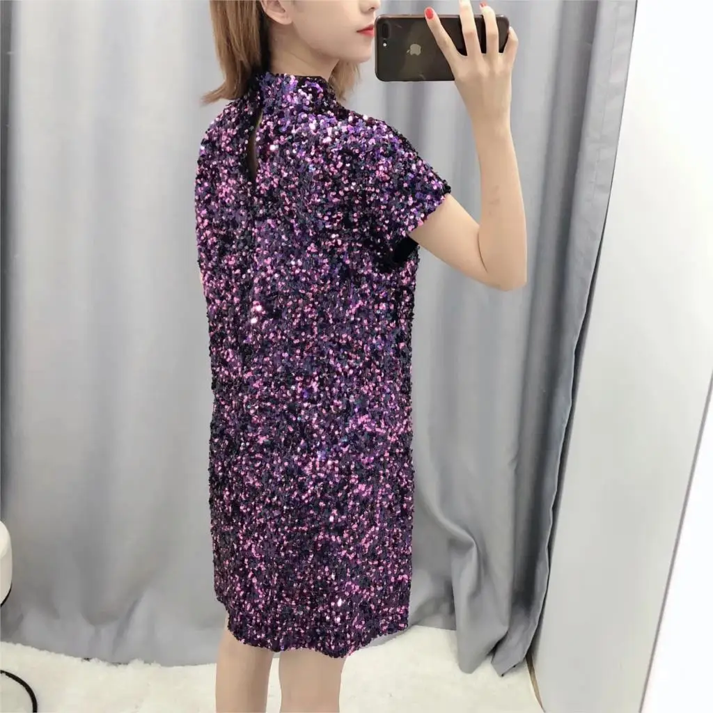 Новое Фиолетовое Женское платье с коротким рукавом блестками прямое
