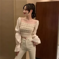 womens korean autumn style sexy long sleeved chiffon shirt elegant square neck stitching slim body clothes