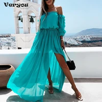 women slash neck split floor length ruffle long dress a line lace up casual beach solid color style dress summer vestidos robe