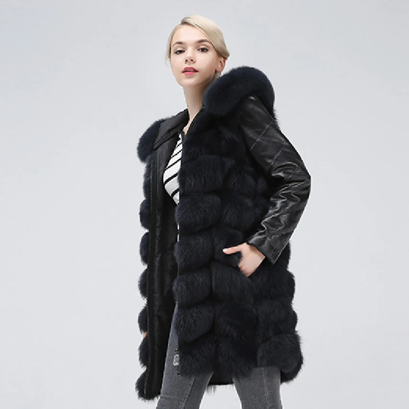 Natural New Genuine Fur Fox Vest  Long Fox Fur Sheepskin Hat Coat Sheep Skin Demolished Sleeves Can Detachable Jacket