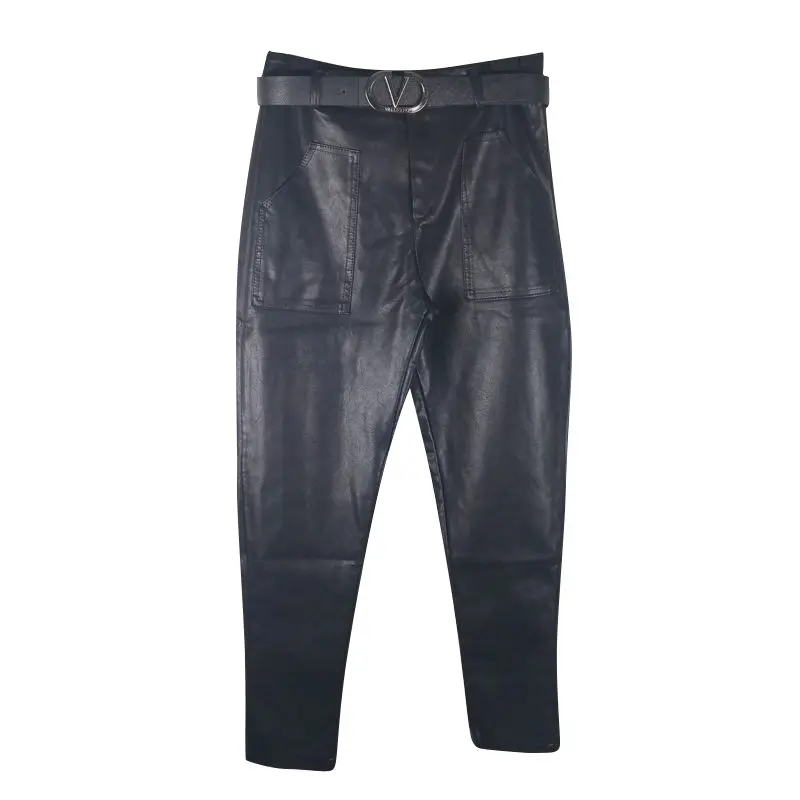 

Women 's Leather Pants 2021 New Autumn And Winter Korean Style High Waist Slim PU Leather Feet Harem Trousers