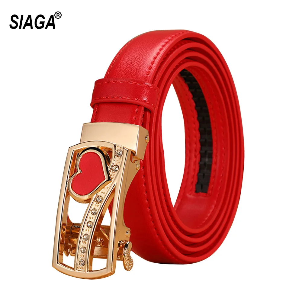 New Design heart-shaped Buckle Metal Automatic Belt for Women Red Cow Skin Leather Female Belts 2.3cm Width Jeans Clothes FCO246