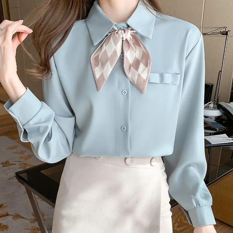 

Women Spring Autumn Blouses Office Lady Casual Solid Long Sleeve Shirts Female Turn-down Collar Bow Tie Decor Blouses Tops Q611