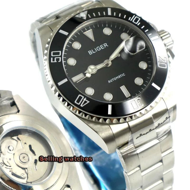 

Solid BLIGER 43mm black dial sapphire glass ceramic bezel date magnifier NH35/MIYOTA Automatic movement men's watch men