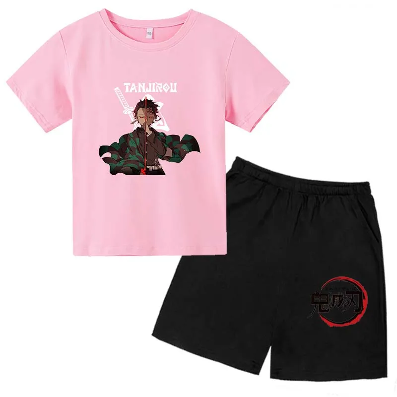 

Children's Short-sleeved Tops T-shirt Suits Baby Kids Cotton Clothes Girls Summer Boys Ghost Blade Suit Cartoon Clothes