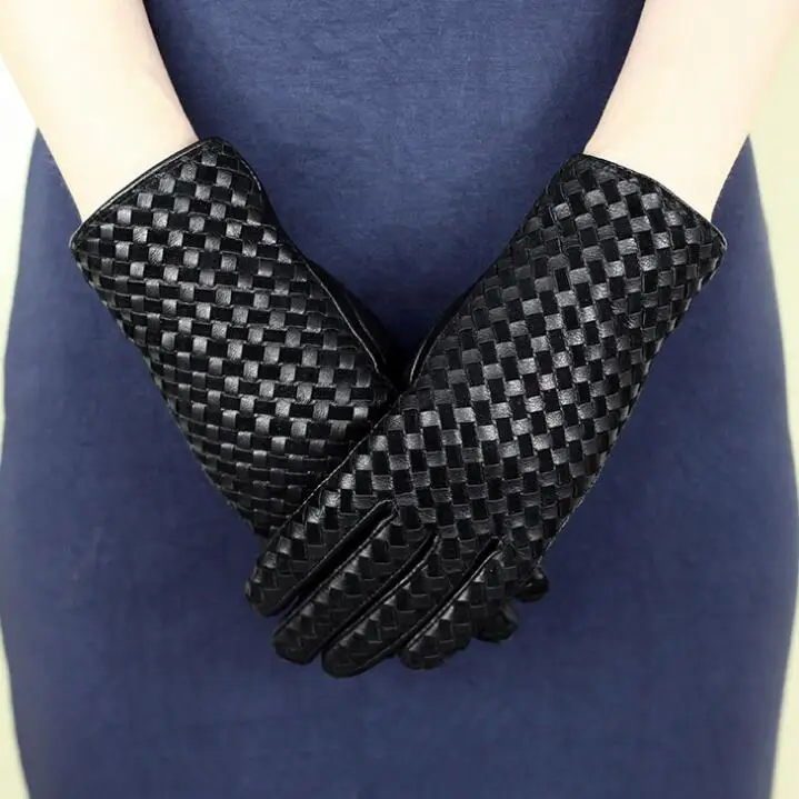 Black(Velvet) Женские тонкие ручные перчатки из натуральной кожи, мотоциклетные перчатки на полный палец, бархатные толстые перчатки из овчины с сенсорным экраном - Цвет: Black(Velvet)
