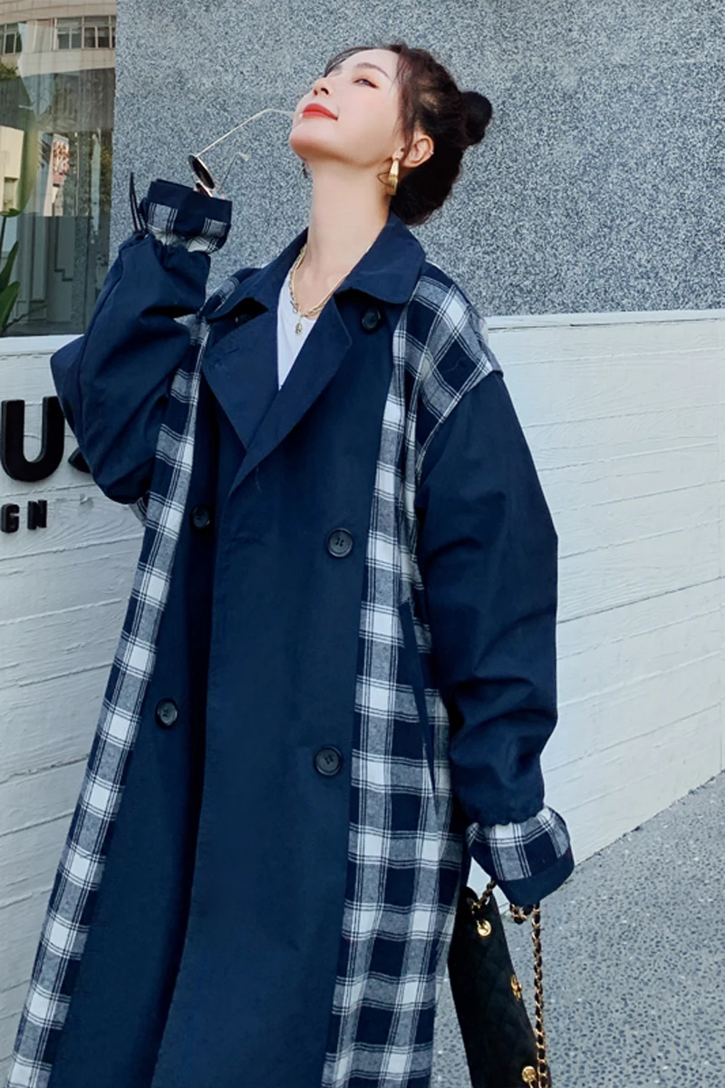 

Color Matching Trench Coat Women's Long British Style 2020 Autumn New Loose Plaid Coat