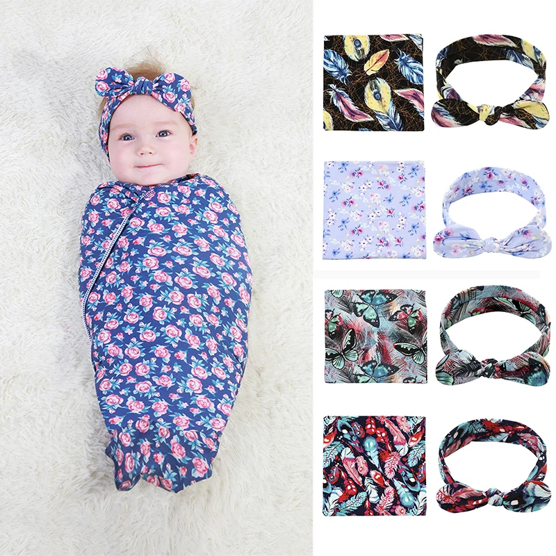 

Children Baby Wrapping Cloth Newborn Flower Printing Blanket Infants Swaddle with Headband Autumn Kids Swaddling Clothes