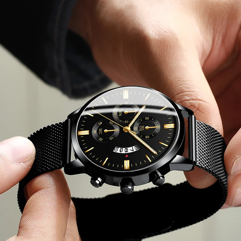 

2020 Men Fashion Business Calendar Watches Luxury Blue Stainless Steel Mesh Belt Analog Quartz Watch relogio masculino