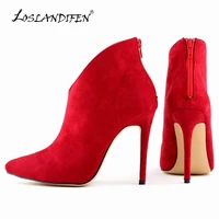 loslandifen flock zipper women boots velvet sexy pointed toe high heels shoes winter stiletto ankle size 35 42