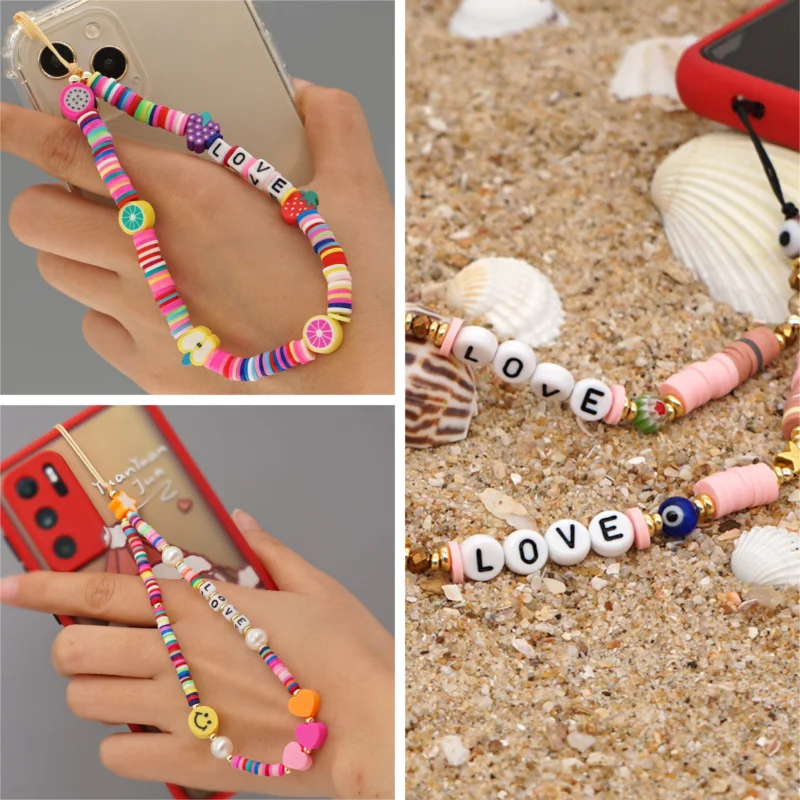 

1Pc Cute Lovely Cell Phone Lanyards Fashion Mobile Phone Decor Chain Polymer Clay Beaded Lanyard For Girl Multicolor 28cm Long