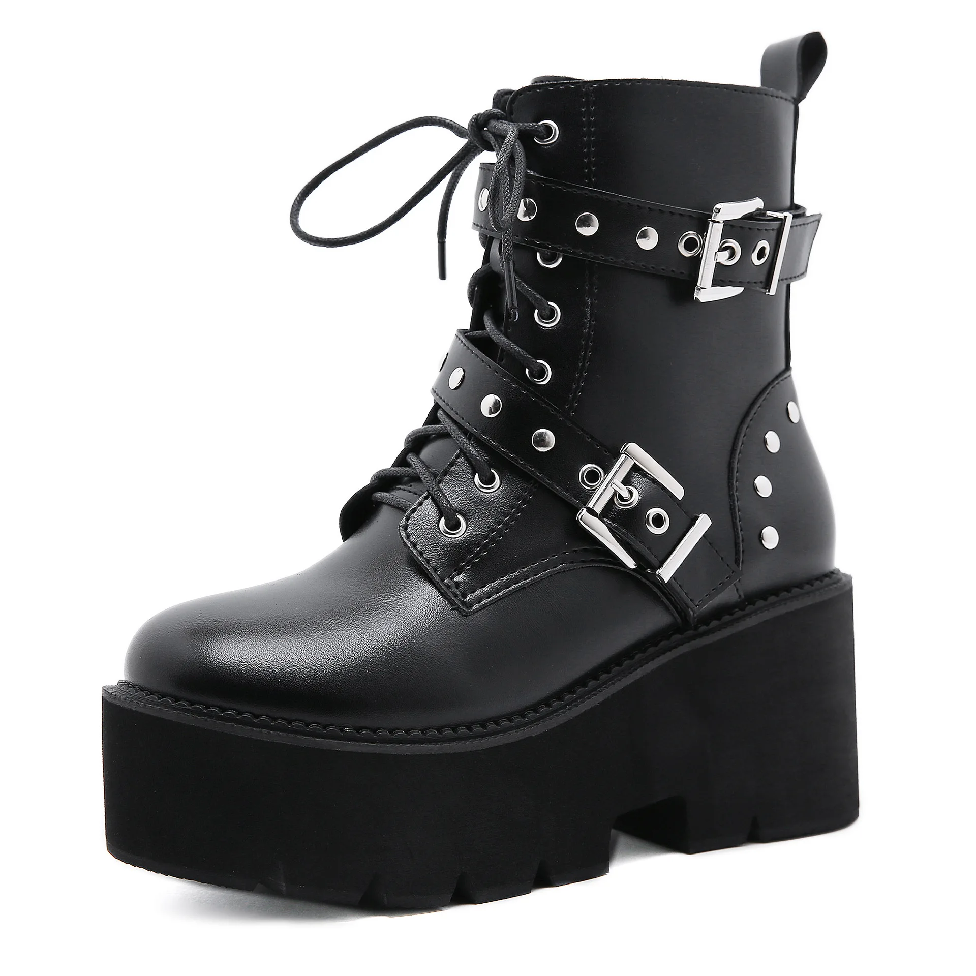 

New thick-soled thick high-heeled fashion nightclub front lace-up rivets metal square buckle short boots for children