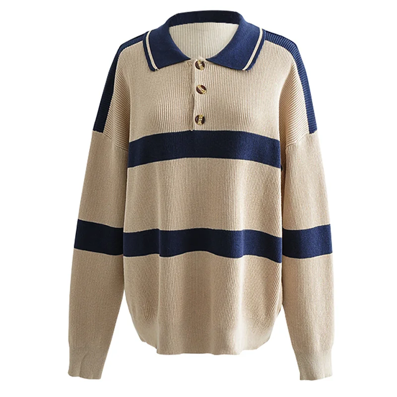 

WOMENGAGA Winter Lapel Striped Oversized Knitted Sweater Women Korean Fashion Loose All-match Casual Long Sleeve Top HUR6
