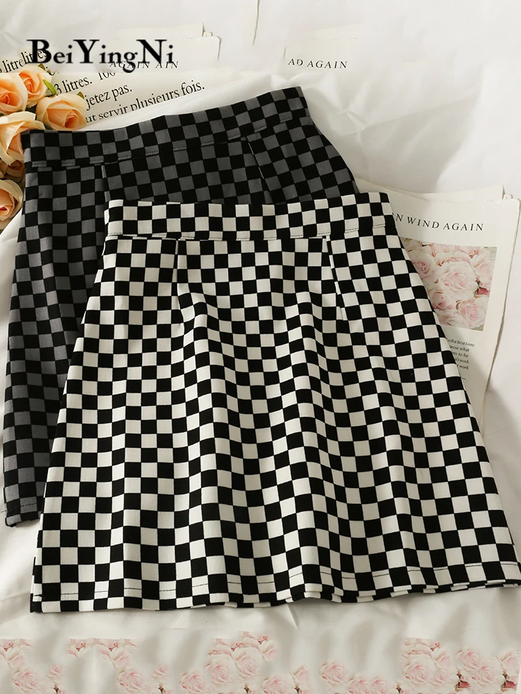 

Beiyingni Fashion Vintage Women Mini Skirt Casual Plaid Lining High Waist Short A-line Skirts for Woman Sexy Slim Elegant Faldas