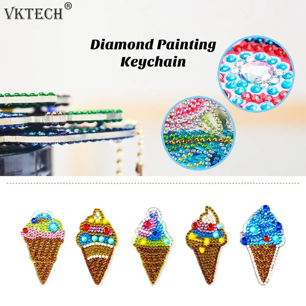 

5pcs DIY Ice Cream Diamond Painting Keychains Full Drill Special Shaped Cross Stitch Embroidery Needlework Keyrings Craft