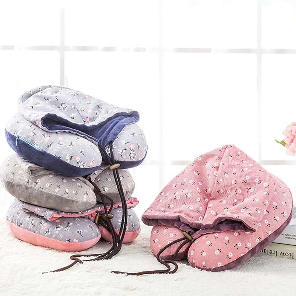 

U-образная подушка для шеи с цветочным принтом и капюшоном для путешествий