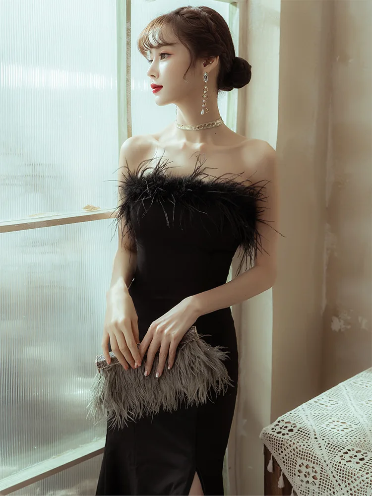 

Delicated Feather Strapless 2021New Black Long Evening Dress Side Split Mermaid Prom Pageant Gown High Slit Abendkleider Lang