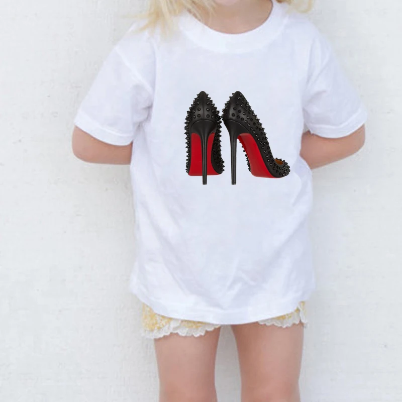 DERMSPE 2019 новая белая футболка Красная с принтом обуви для девочек летние топы