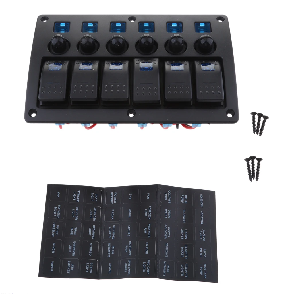 

6 Gang Rocker Switch Panel DC 12-24V Waterproof with Blue Backlit Led for Marine, Boat, Car, Truck, RV, SUV, Yacht, ATV