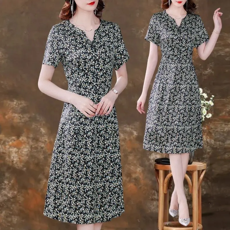 

Hangzhou Silk Real Silk Dress Women's Summer Brand Short Sleeve Floral Dress Summer High Grade Brand Mulberry Silk Dress