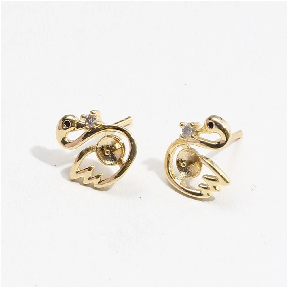 

Gold genuine gold K gold craft Swan pearl earnail bottom earpin 925 silver pearl DIY accessories