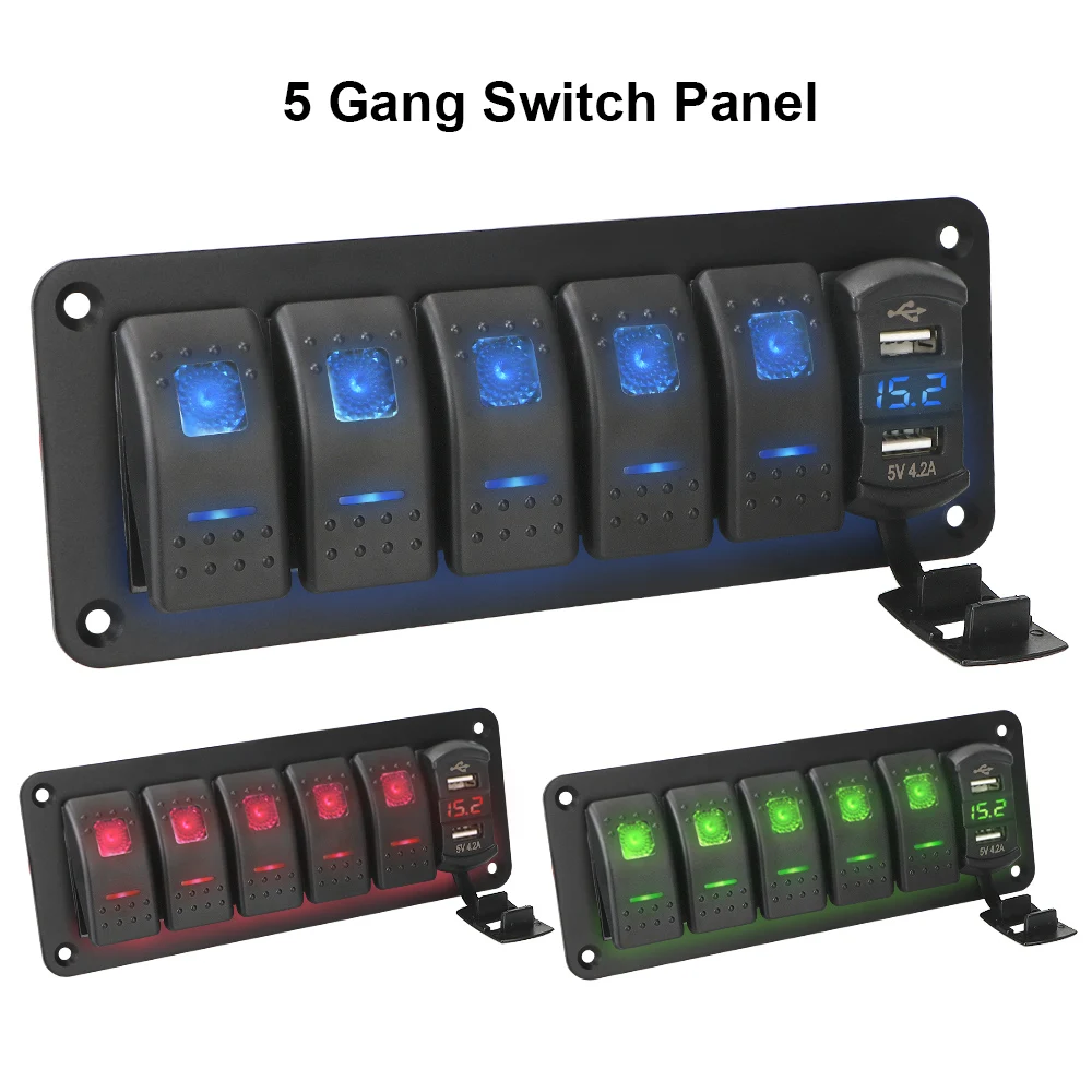 LEEPEE 5 Gang Rocker Switch Panel 4.2A Outlet Combination for Marine Car Truck Digital Voltage Display Waterproof Dual USB Port