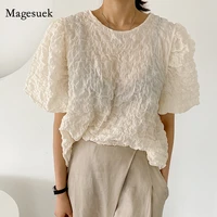 summer short sleeve pleated blouse women korean new puff sleeve simple o neck shirt fashion loose casual top blusas mujer 13752