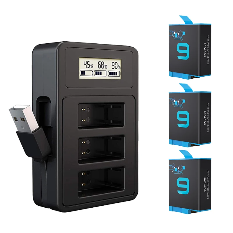 

2000mAh For GoPro 9 Battery and USB Intelligent Digital Display Fast Charger For GoPro Hero 9 Camera Battery Accessorie