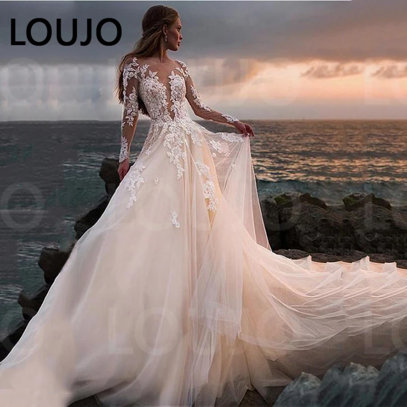 Wedding Dress Beach Illusion Long Sleeves Sheer Backless Lace Appliqued Ball Gown Wedding Gowns Boho Bridal Robe De Mariag plus size wedding dresses