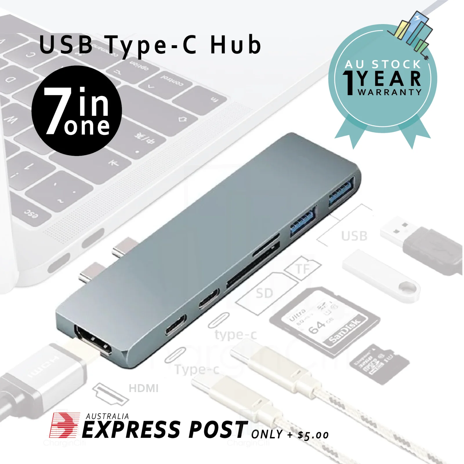 

Хаб 7 в 1 для MacBook ноутбука Thunderbolt USB Type-C адаптер HDMI SD TF