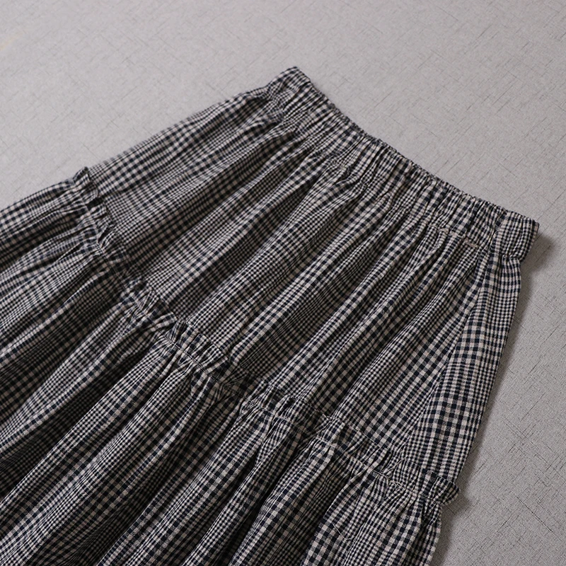 

Japan Style Mori Girl Cute Lace Skirt Embroidered Hem Cotton and linen Plaid Hollow Skirt Women