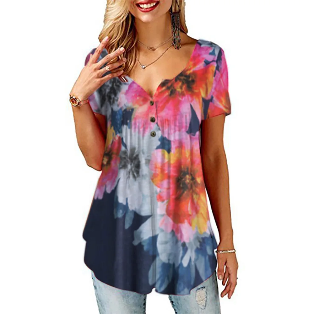 

Spring New V-Neck Floral Print Short Sleeve Gradient Tshirts Lady Summer Casual Fashion Streetwear Butterfly Print Loose T-Shirt