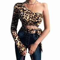 one shoulder sexy women tops leopard print lace up t shirts summer tops