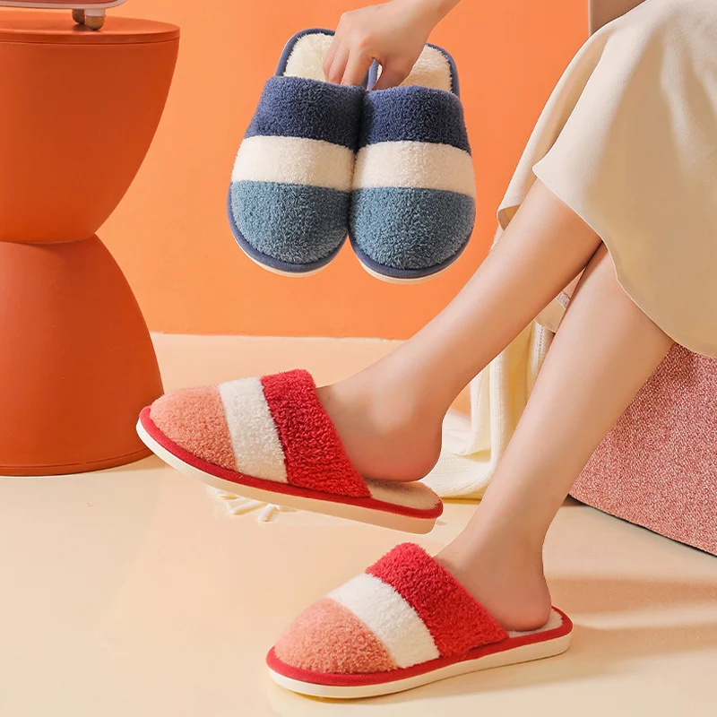 Striped Shoes Slipper Womens Men Home Fluffy House Winter Warm Slippers Soft Shoes Indoors Bedroom Soft Fur Slippers Big Size